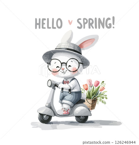 Hello spring. Watercolor Bunny on bike with spring flowers. Cute vector illustration for spring design. 126246944