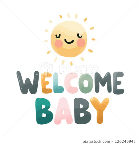 Watercolor Welcome baby card with happy sun for baby shower invitation. 126246945