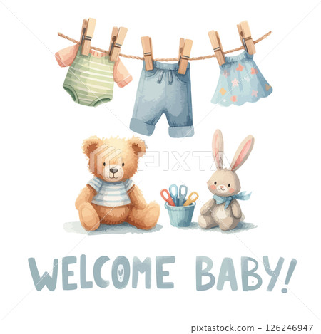 Watercolor Welcome baby card with clothes on the clothesline for baby shower invitation. 126246947