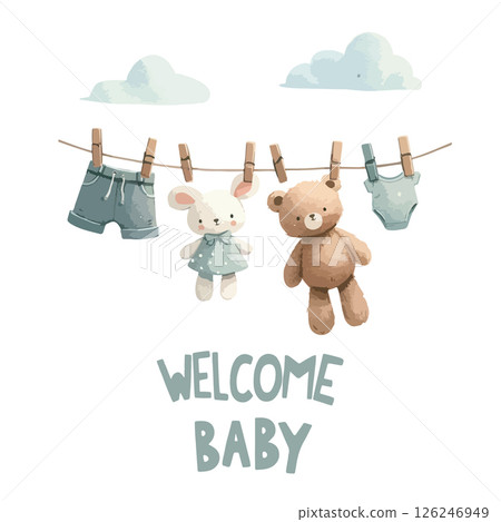 Watercolor Welcome baby card with clothes on the clothesline for baby shower invitation. Watercolor Welcome baby card with clothes on the clothesline for baby shower invitation. 126246949