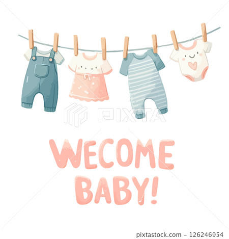 Watercolor Welcome baby card with clothes on the clothesline for baby shower invitation. 126246954