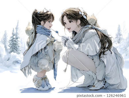 Illustration material of a child and mother walking in a winter park 126246961
