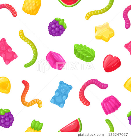 Jelly seamless pattern. Gummy bear and worms marmalade endless design, chewy jelly candies flat vector background illustration. Cartoon jelly sweets endless backdrop Jelly seamless pattern. Gummy bear and worms marmalade endless design, chewy jelly candies flat vector background illustration. Cartoon jelly sweets endless backdrop 126247027