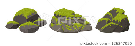 Cartoon mossy stone. Green creeping moss grow on stone, moss plants grows on grey rock flat vector illustration. Jungle moss plants on grey rock Cartoon mossy stone. Green creeping moss grow on stone, moss plants grows on grey rock flat vector illustration. Jungle moss plants on grey rock 126247030