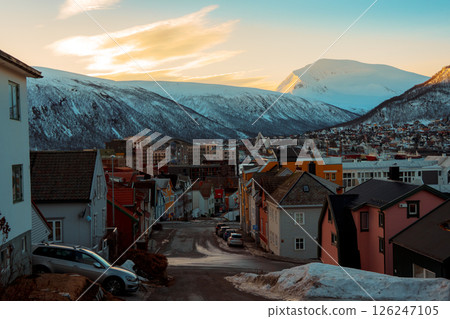 Winter harbor and cityscape of Tromso, Norway 126247105