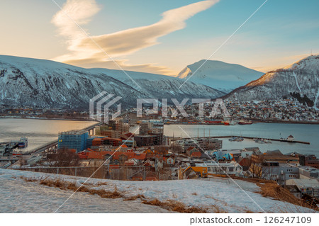 Winter harbor and cityscape of Tromso, Norway 126247109