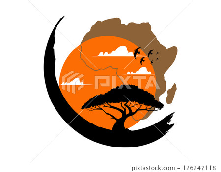 African circle logo, Acacia tree icon silhouette, Africa map sign on sunset. Nature, exotic plant, Safari for printing, design or digital art. Colorful symbol isolated on white background  126247118