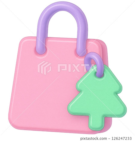 3D shopping tag with playful design featuring pink bag and green tree charm 3D shopping tag with playful design featuring pink bag and green tree charm 126247233