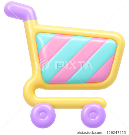 3D cartoon shopping cart in playful plastic style with pastel colors 3D cartoon shopping cart in playful plastic style with pastel colors 126247253