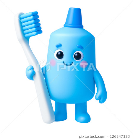 Toothpaste character holding toothbrush with happy expression promotes flood insurance safety and oral health for children and families Toothpaste character holding toothbrush with happy expression promotes flood insurance safety and oral health for children and families 126247323