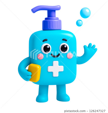 Cheerful blue cartoon soap bottle with pump and cross symbol holding yellow bar, promoting flood insurance safety awareness 126247327