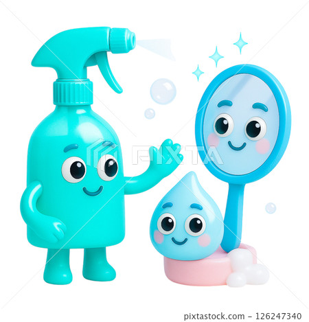 Cheerful blue spray bottle and water droplet character promote flood insurance safety with sparkling clean mirror reflection 126247340
