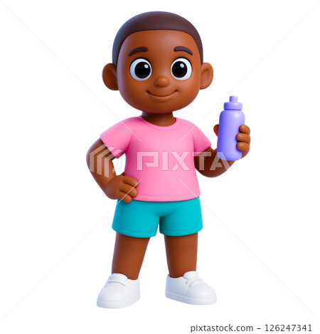 Cheerful child holding water bottle stands confidently showing safety awareness and readiness for flood insurance protection 126247341