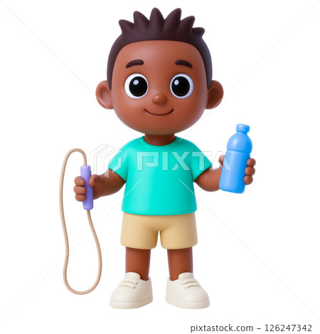 Young boy holding jump rope and water bottle, smiling, promoting flood insurance and safety awareness for children in sports activities Young boy holding jump rope and water bottle, smiling, promoting flood insurance and safety awareness for children in sports activities 126247342