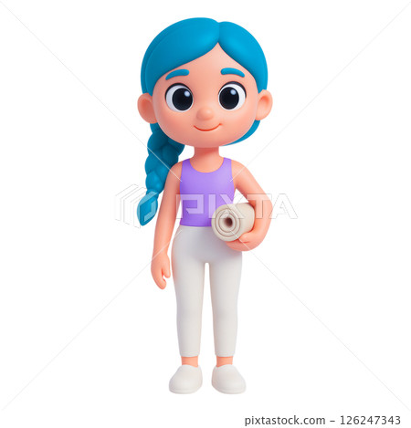 Cartoon woman with blue hair holding yoga mat stands smiling showing safety and calmness in flood insurance concept 126247343