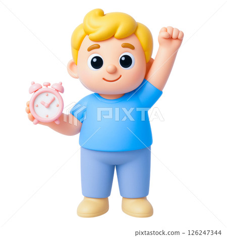 Cheerful child holding pink alarm clock with raised hand symbolizes flood insurance safety and timely protection awareness Cheerful child holding pink alarm clock with raised hand symbolizes flood insurance safety and timely protection awareness 126247344