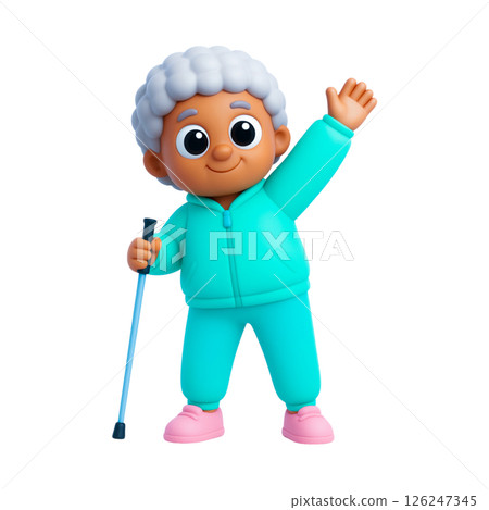 Elderly person with white hair in turquoise tracksuit holding walking stick waves with happy expression showing flood insurance safety awareness 126247345