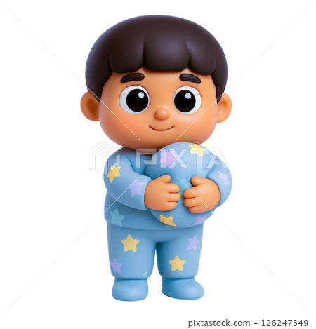 Child in blue pajamas with star pattern holding pillow, expressing safety and comfort, flood insurance concept for bedtime security Child in blue pajamas with star pattern holding pillow, expressing safety and comfort, flood insurance concept for bedtime security 126247349
