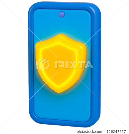 3D illustration of smartphone with glowing shield icon symbolizes cybersecurity protection 3D illustration of smartphone with glowing shield icon symbolizes cybersecurity protection 126247357