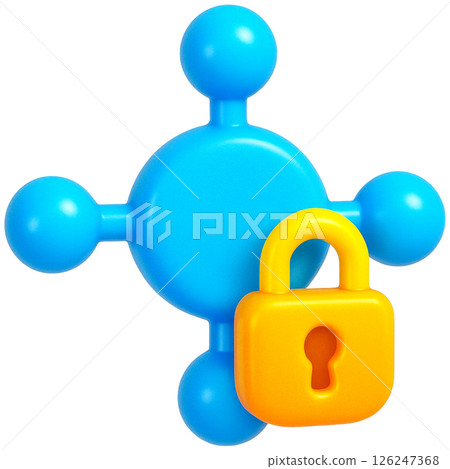 3D illustration of blue network symbol with yellow padlock representing cybersecurity 3D illustration of blue network symbol with yellow padlock representing cybersecurity 126247368