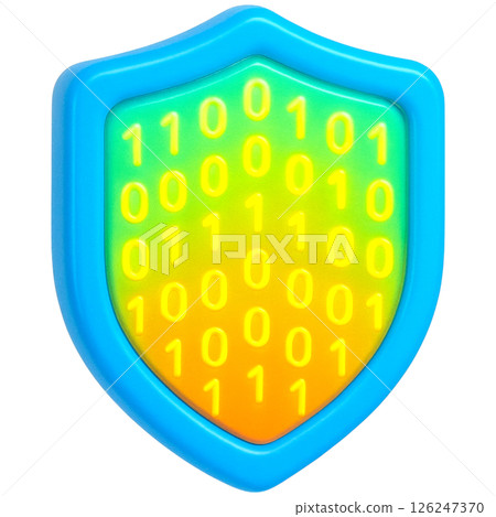 3D shield with binary code symbolizes cybersecurity protection. vibrant colors convey sense of security and innovation 3D shield with binary code symbolizes cybersecurity protection. vibrant colors convey sense of security and innovation 126247370