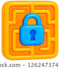 3D illustration of blue lock on orange maze symbolizing cybersecurity concepts 126247374