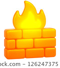 glowing 3D firewall icon symbolizes cybersecurity with vibrant flame atop brick wall 126247375