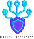 vibrant 3D illustration of cybersecurity shield with binary code connections symbolizing digital protection 126247377