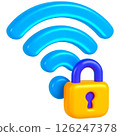 3D illustration of blue Wi Fi symbol with yellow padlock representing cybersecurity 126247378