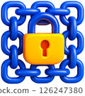 3D illustration of yellow padlock surrounded by blue chains symbolizing cybersecurity 126247380