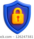 3D illustration of blue shield with yellow padlock symbolizes cybersecurity protection 126247381