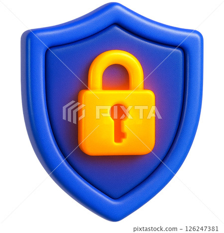 3D illustration of blue shield with yellow padlock symbolizes cybersecurity protection 126247381