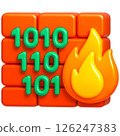 vibrant 3D illustration of firewall symbolizing cybersecurity with binary code and flame icon 126247383