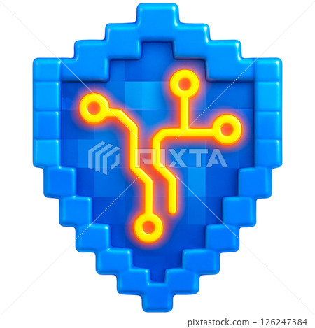 3D shield with glowing circuit design symbolizes cybersecurity protection 126247384