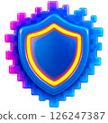 vibrant 3D shield icon symbolizes cybersecurity with pixelated design and glowing edges 126247387