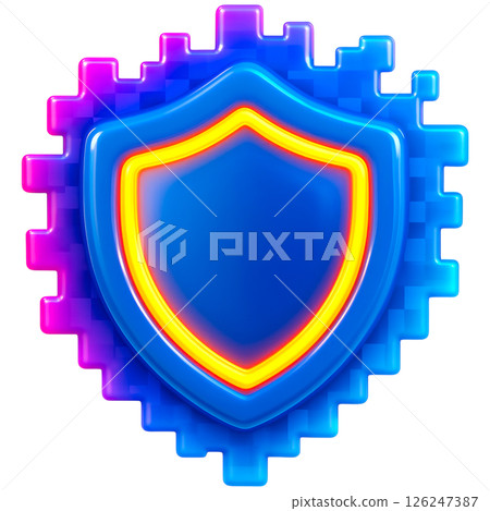 vibrant 3D shield icon symbolizes cybersecurity with pixelated design and glowing edges 126247387