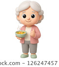 3D character of elderly woman holding bowl of steaming soup conveys warmth and care in medical context 126247457