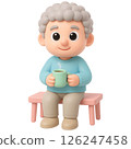 3D character with cheerful expression is sitting on bench holding cup, suggesting relaxed moment 126247458