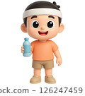 cheerful 3D character in sportswear holds water bottle, embodying healthy lifestyle 126247459