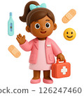 cheerful 3D character in medical outfit holds first aid kit surrounded by health related icons like thermometer and bandages 126247460