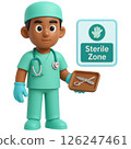 3D character in medical attire stands confidently holding surgical tools near sterile zone sign 126247461