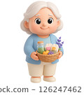 3D character of elderly woman holding basket with medical items and herbs, expressing warmth and care 126247462