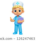 Flood insurance safety nurse cartoon character holding clipboard pen blue uniform healthcare concept 126247463