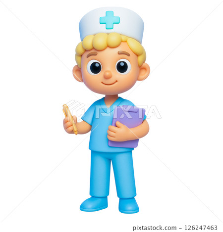 Flood insurance safety nurse cartoon character holding clipboard pen blue uniform healthcare concept 126247463