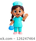 Nurse character in blue uniform holding ice pack smiling and waving symbolizing flood insurance safety and care for children 126247464