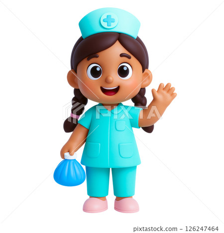 Nurse character in blue uniform holding ice pack smiling and waving symbolizing flood insurance safety and care for children 126247464