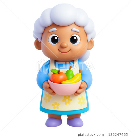 Elderly woman holding bowl of fruit with gentle smile, symbolizing safety and care, perfect for flood insurance concepts 126247465