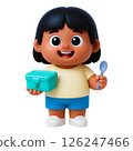 Child holding lunchbox and spoon smiling, safety and happiness in daily routine, insurance for kids, flood awareness in school life 126247466