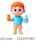 Child with curly hair holding vitamin bottle and water, wearing blue shirt and shorts, promoting safety and health for flood insurance awareness 126247467
