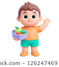 Cheerful child holding lunchbox with fruit and vegetable, promoting safety and healthy habits for flood insurance awareness 126247469